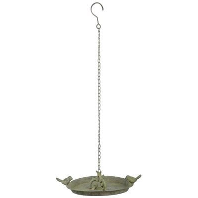 Aged Metal Hanging Bird Bath w/2 Birds, Green