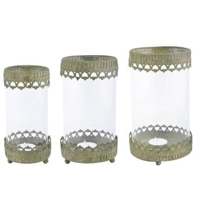 Aged Metal Green Windlight, One Set Includes 3 Windlights