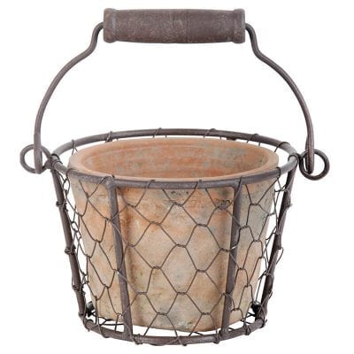 Aged Terra Cotta Single Pot w/ Metal Basket w/ Handle