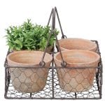 Aged Terra Cotta 4 Flower Pots in Metal Basket w/ Handle