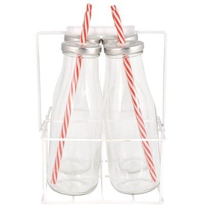 Set of 4 Drinking Bottles in Carrier, Glass - Large