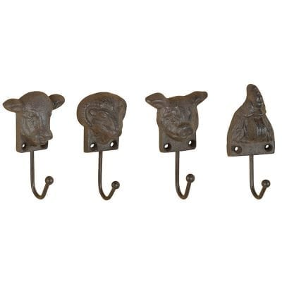 Farm Animal Head Hook, Cast Iron, Antique Brown, 4 Asst. Styles