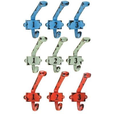 Set of 3 Coat Hooks w/Numbers, Cast Iron, Blue/Green/Red, 3 Asst. Colors
