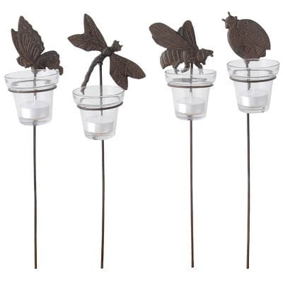 Insect Garden Candle Light on Stake, Cast Iron/Glass, Antique Brown, 4 Asst. Styles