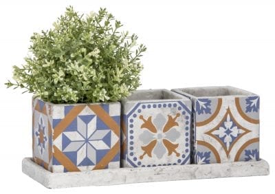 Portuguese Tile Set of 3 Flower Pots on Tray, Concrete