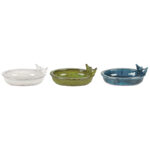 Oval Bird Bath w/2 Birds, Ceramic, White/Green/Teal, 3 Asst. Colors
