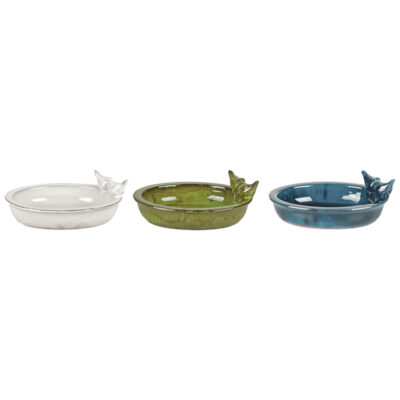 Oval Bird Bath w/2 Birds, Ceramic, White/Green/Teal, 3 Asst. Colors
