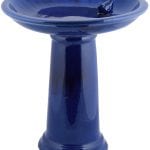 Bird Bath on Pedestal w/Bird, Ceramic, Blue