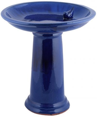 Bird Bath on Pedestal w/Bird, Ceramic, Blue