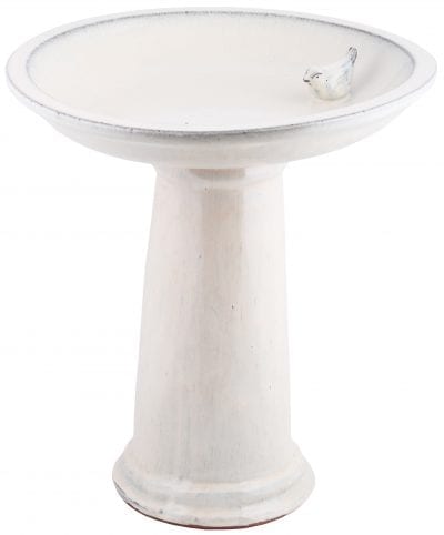 Bird Bath on Pedestal w/Bird, Ceramic, White