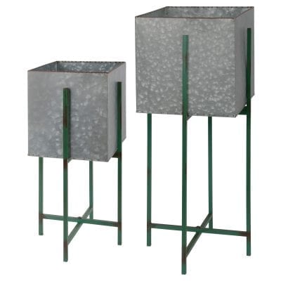 Old Zinc Set of 2 Square Flower Pots on Stand