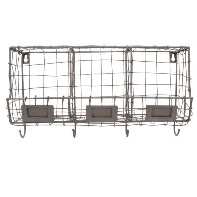 Wall Organizer w/3 Compartments & Hooks, Wire