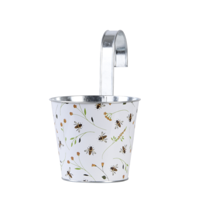 Bee Print Round Zinc Flower Pot w/Hook