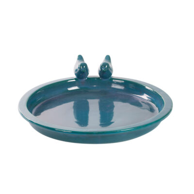 Round Bird Bath w/Birds, Ceramic, Petrol - Large