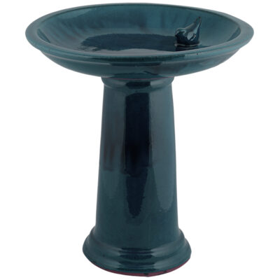 Bird Bath on Pedestal w/Bird, Ceramic, Teal