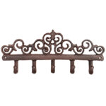 Scroll Design Wall Hanger w/5 Hooks, Cast Iron, Antique Brow