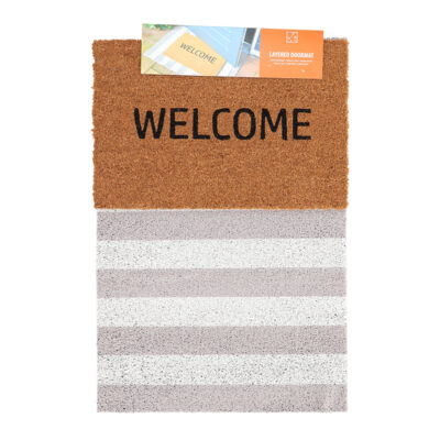 "Welcome" / Vertical Striped Layered Doormat Set